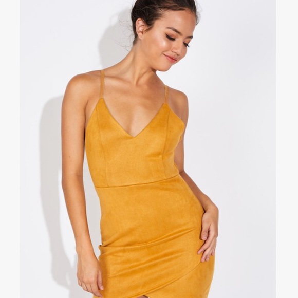 Suede V-Neck Mini Dress-Mustard - Picture 1 of 4